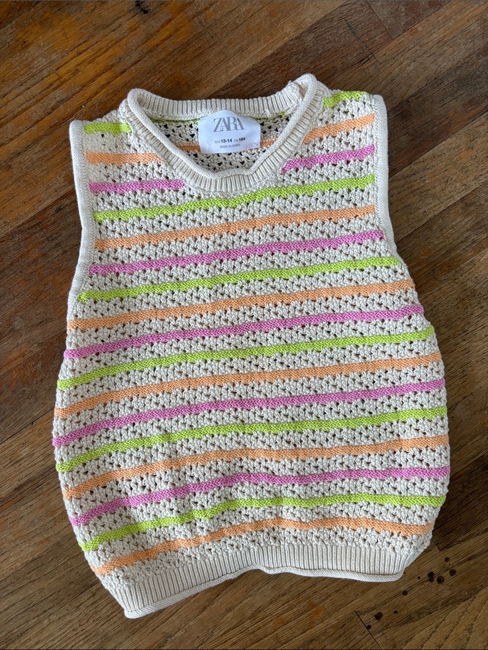 Zara Crochet Stripe Sleeveless Vest — Cream with Pink, Lime & Peach Stripes